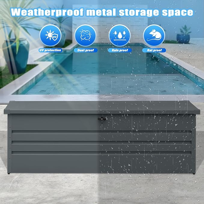 260 Gallon Outdoor Storage Box Waterproof, Extra Large Metal Deck Box and Patio Cushion Box for Storing Gardening Tools, Pool Supplies