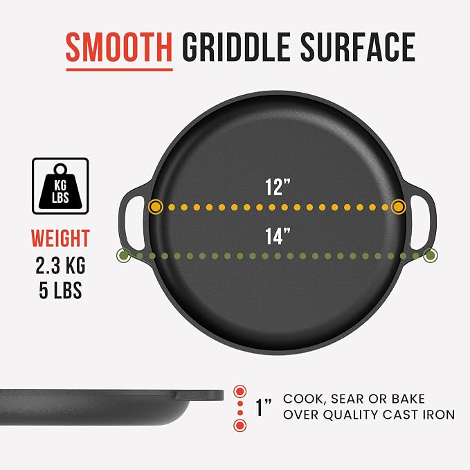 Chef Pomodoro Cast Iron Pizza Pan, 12 Inch, Pre-Seasoned Non-Stick Skillet | Multi-Use Cast Iron Cookware for Dosa Tawa, Roti, Tortilla Comal, Crepes, Oven, Grill, BBQ, and Campfire Cooking