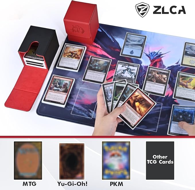 ZLCA Card Deck Box for Trading Cards with 2 Dividers, Card Storage Box Fits 100+ Single Sleeved Cards, PU Leather Strong Magnet Card Deck Case Holder for Magic Commander TCG CCG (Red,Emperor Dragon)