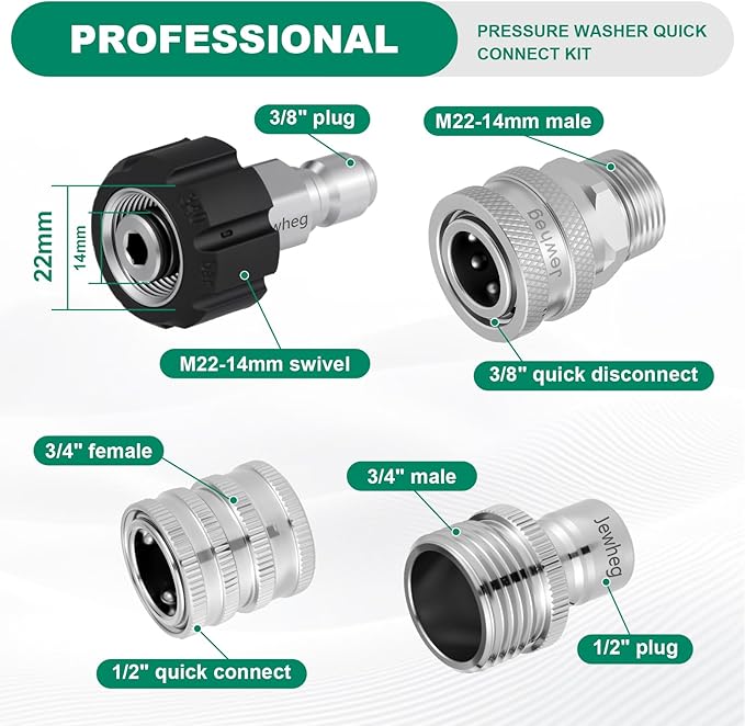 2025 upgraded version,Pressure Washer Quick Connect Kit, Stainless Steel Pressure Washer Adapter Set, M22 Swivel 14mm to 3/8 Inch Quick Disconnect,3/4 Inch Hose Fittings