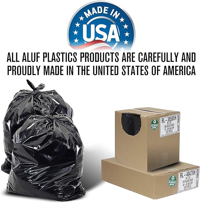 Aluf Plastics T-Tough Roll Pack Low Density Repro Blend Star Seal Coreless Rolls Bag, 55-60 Gallon Capacity, 58" Length x 38" Width, XXH Strength, Black (Pack of 400)
