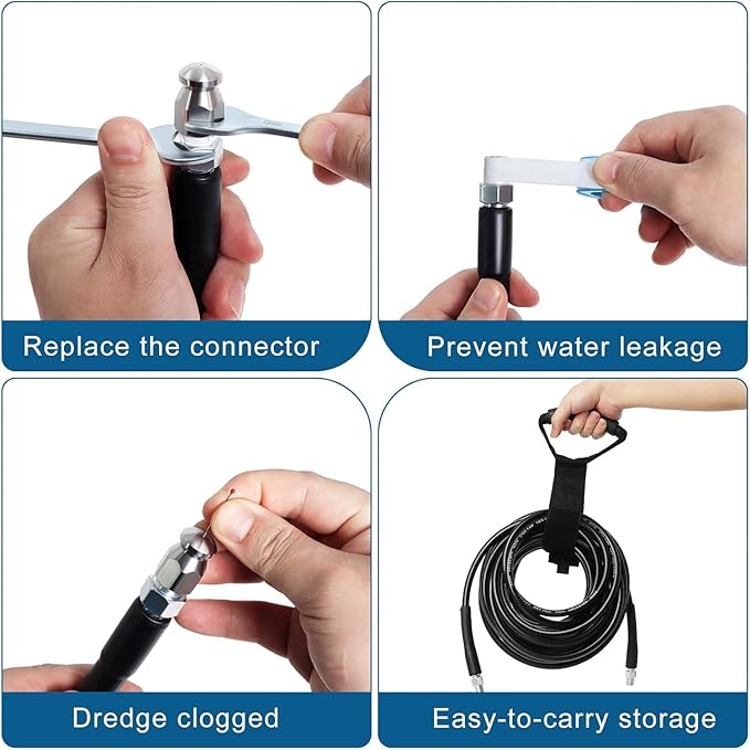 50FT Sewer Jetter Kit for Pressure Washer, 5800PSI Water Jet Durable Drain Cleaner Hose 1/4 Inch NPT Corner with 4 Specialized Nozzles,Waterproof Tape, Pearl Corsage Pin, Handle Strap & 2 Spanners
