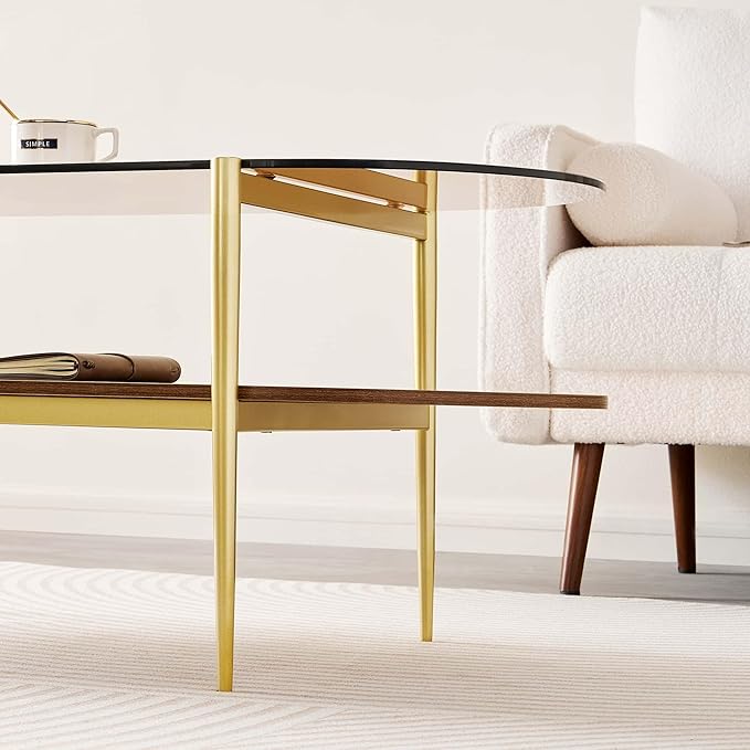 Oval Glass Coffee Table, Mid-Century Modern Design, L41 x W21 x H17 inch, for Living Room, 2-Tier Structure, Amber Glass Top and Walnut Finish Wood Shelf, Conical Legs with Gold Finish Frame