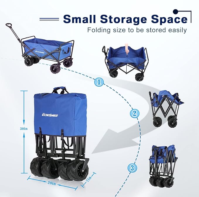 EchoSmile Heavy Duty 350 Lbs Capacity Collapsible Wagon, Outdoor Folding Camping Wagons, Grocery Portable Utility Cart, Adjustable Rolling Carts, All Terrain Sports Wagon with Big Wheels by Boahaus
