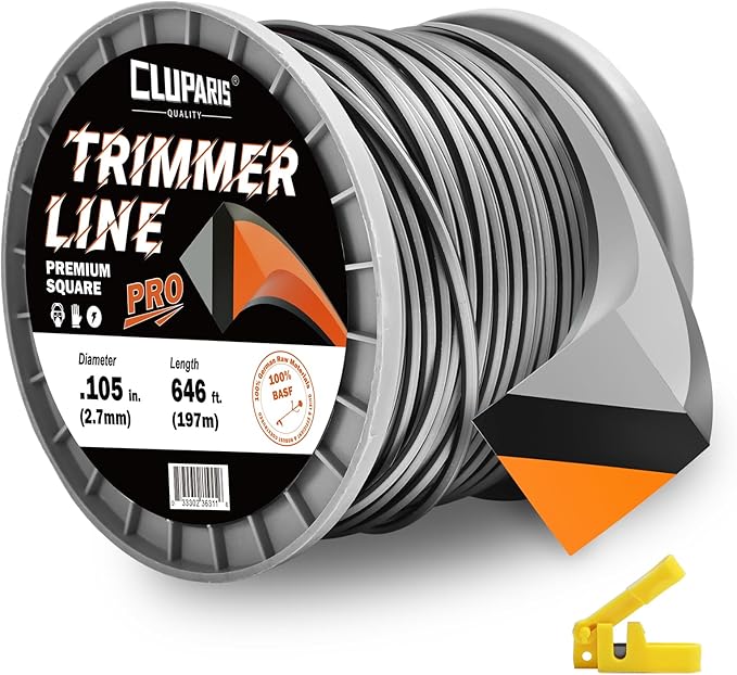 Cluparis 3-Pound Super Heavy Duty Trimmer Line .105-Inch-by-646-ft Square Pro Trimmer Line Spool 3-Component Tri-Extrusion Weed Eater String with Super Line Cutter