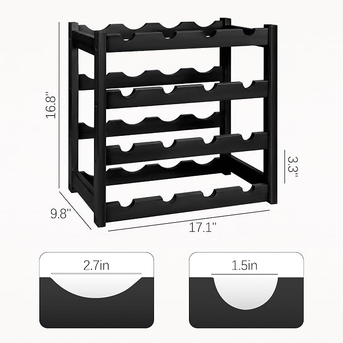 VASMIA Wine Rack, 4-Tier Bamboo Wine Racks Countertop,Sturdy and Durable Wine Storage Cabinet Shelf,16 Bottles Wine Holder for Kitchen Pantry, Black