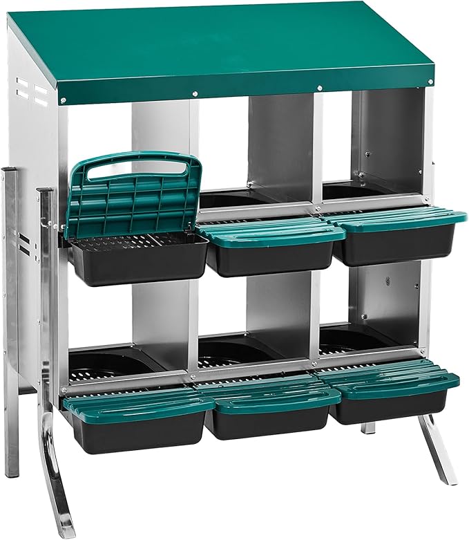Metal Chicken Nesting Box,6 Compartment Nesting Box for Laying Eggs,Cleanable Pull Out Hen Roosting Boxes,Wall Mount Chicken Brooder Boxes,with Perch,for Hens Gooses Ducks Poultry Farms (Green)