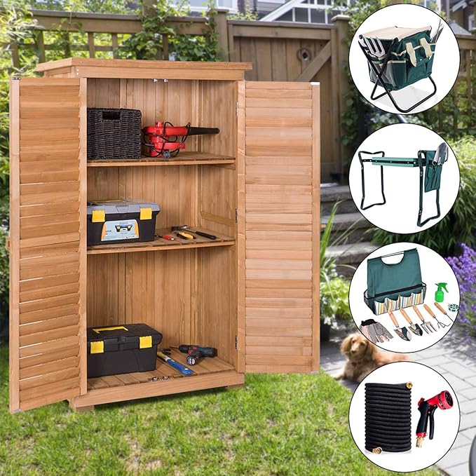 Goplus Outdoor Storage Cabinet, Wooden Storage Shed with Latch, Detachable Shelves & Weather Resistant Pitch Roof, Vertical Garden Tool Organizer for Outside Yard Patio Deck