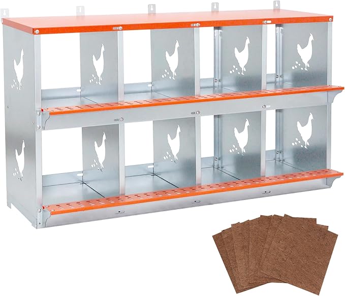 Chicken Nesting Boxes, 8-Bay Metal Nest Box with Vented Galvanized Steel Coop Equipment Wall Mount for Hens Ducks Poultry, Easy Egg Collection & Assembly, Orange (8 Compartment)