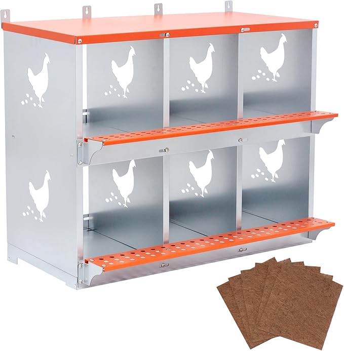 Chicken Nesting Boxes, 6-Bay Metal Nest Box with Vented Galvanized Steel Coop Equipment Wall Mount for Hens Ducks Poultry, Easy Egg Collection & Assembly, Orange (6 Compartment)