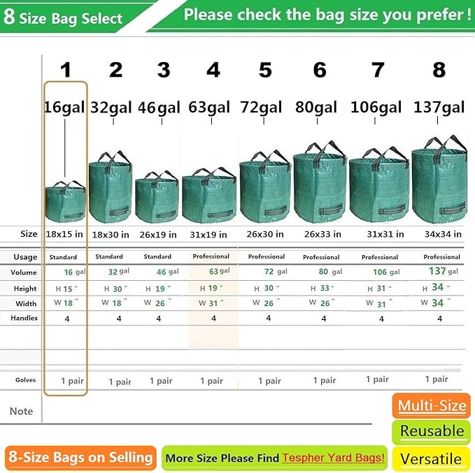 Standard 2-Pack 16 Gallon Yard Lawn Garden Bags (D18, H15 inch) with Gardening Gloves, Yard Waste Bags,Patio Debris Container,Camping Trash Bin,Recycling Bag,Laundry Bin,Lawn Weeds,Leaf Bags 4 handles