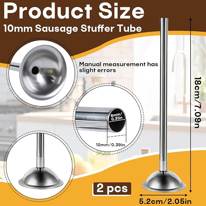 2-Pack 10mm Stainless Steel Sausage Stuffing Tubes for #5 Sausage Stuffer | Fit to Homemade Snack Sticks & Breakfast Links, Slim Sausage Stuffing Horn,For Manual/Electric Meat Sausage Stuffer
