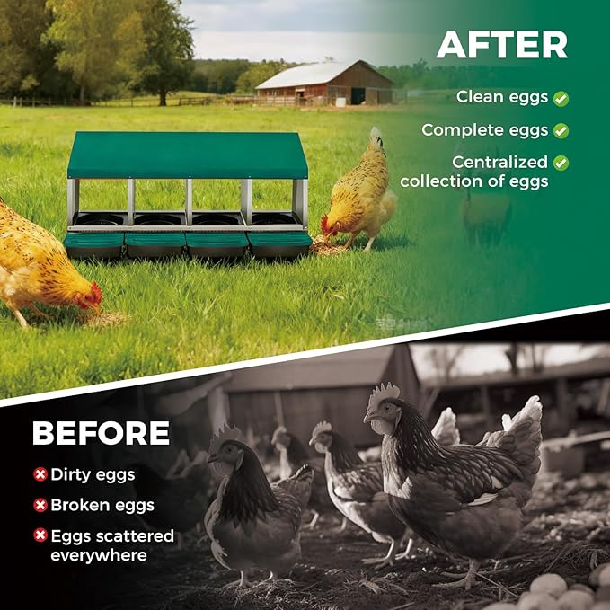 Chicken Nesting Boxes with Rollout Egg Collection – 4-Compartment Metal Hen Nest Box with Removable Trays, Slanted Roof & Ventilation, Wall Mount or Standing for Backyard Poultry Coop, Green