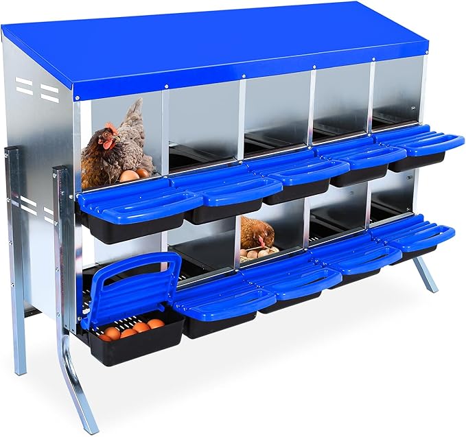 10-Compartments Chicken Nesting Boxes with Roll Out Egg Collection and Large Vented Holes,Metal Nesting Boxes for Chickens, Hens, Ducks,Wall Mount/Freestanding Poultry,Blue