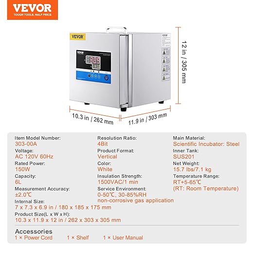 VEVOR Lab Incubator, 6L, PID Temperature Control RT+5-65℃, Scientific Digital Incubator, Constant-Temperature Microbiological Laboratory Incubator for Lab Cell Culture Seed Germination Medical Science