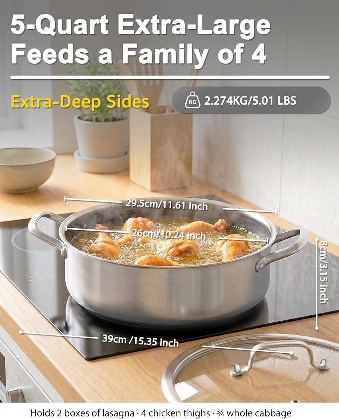 LOLYKITCH 5-Quart Deep Frying Pan with Lid | 12 Inch | Riveted Handles | Ceramic Nonstick | Tri-Ply Stainless Steel Skillet | Saute Pan | Hybrid Cookware | Oven & Induction Ready | 3-5 Servings