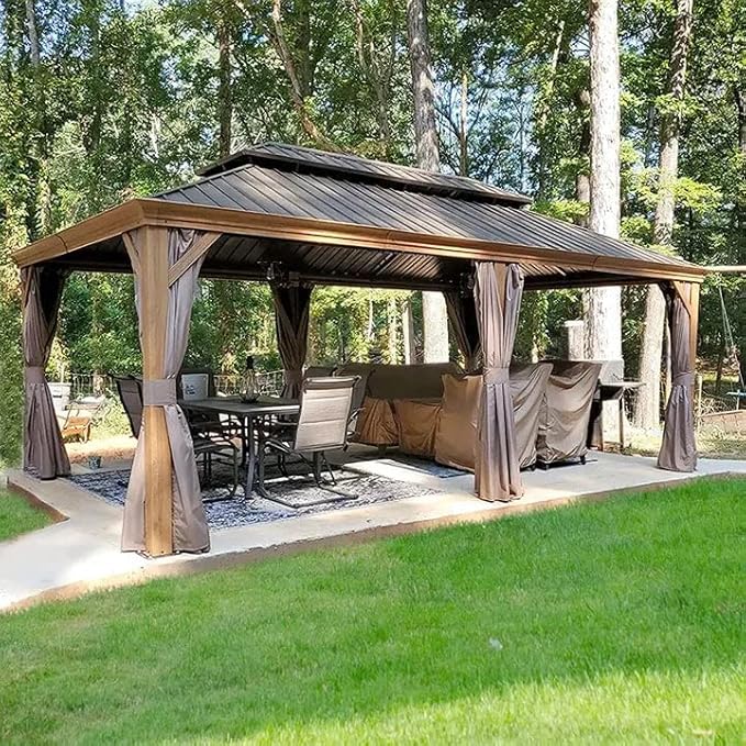 12’ x 20’ Hardtop Gazebo Outdoor Aluminum Wood Grain Gazebos with Galvanized Steel Double Canopy for Patios Deck Backyard,Curtains&Netting by domi outdoor living