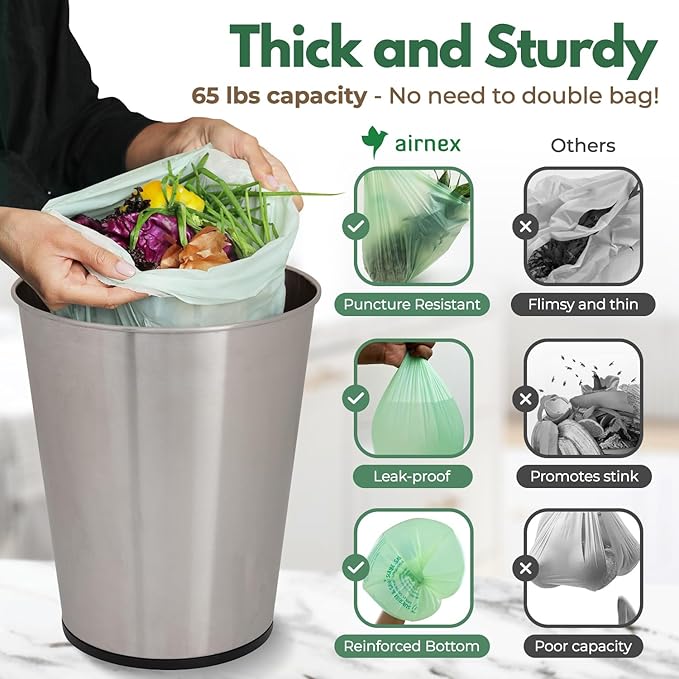 Compost Bags for Countertop Bin -Compostable Trash Bags made of Cornstarch - Leakproof & Tear Resistant Biodegradable Trash Bags - OK Compost Home & Seedlings Certified (8 Gallon, 100 Count)