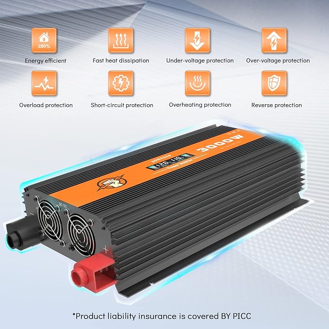 3000 Watt Power Inverter 12V to 110V, Modified Sine Wave DC to AC Car/Outdoor Converter, Dual 110V AC Outlets, 3 USB Port, LED Display for Solar, Camping, RV, Truck, Boat, Laptop and Emergencies