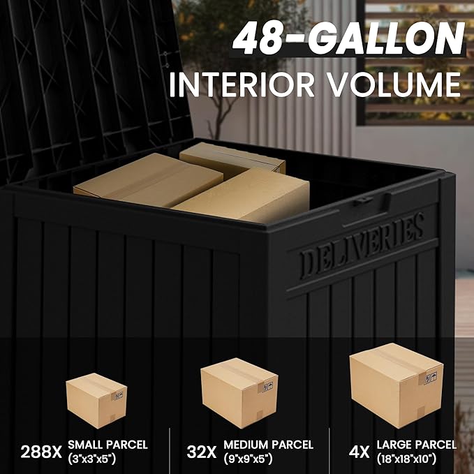TARKARI 55 Gallon Lockable Resin Deck Box, Waterproof & UV-Resistant Outdoor Storage Box for Cushion Storage and Delivery Box, Black