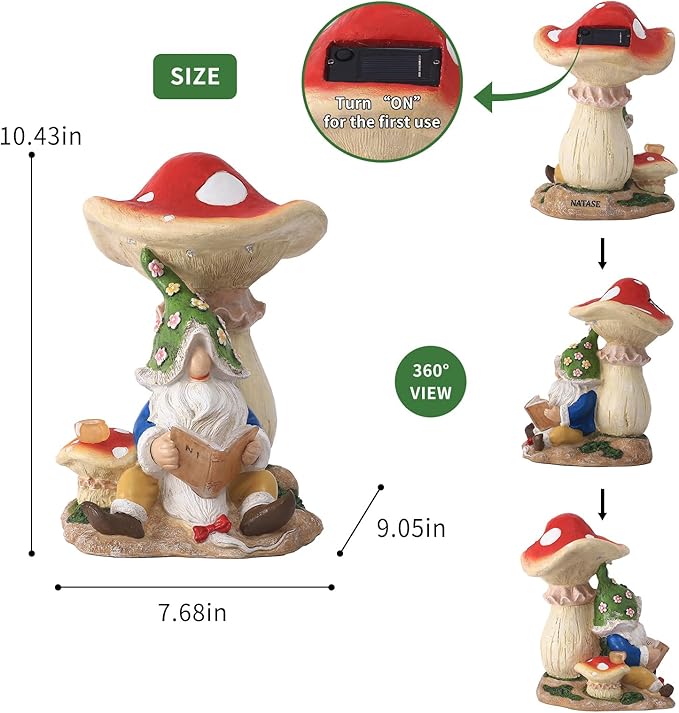 Upgraded Size Solar Garden Outdoor Statues Gnome Reading Under Mushroom with 5 LED Solar Figurine for Lawn,Patio,Balcony,Yard Decor Unique Housewarming Gift for Grandfather, Father,Grandma,Wen