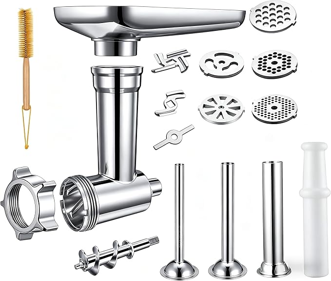 100% Stainless Steel Meat Grinder for KitchenAid Mixer, Dishwasher Safe | Includes 3 Sausage Stuffer Tubes & 4 Grinding Plates, Anti-Corrosion Polished Design(Not include the KitchenAid Mixer)