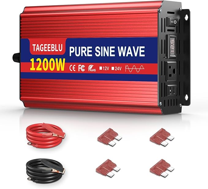 1200W Pure Sine Wave Inverter, 12V DC to 110V/120V AC Power Inverter for RV、Off Grid、Truck、with 2 AC outlets and LCD Display