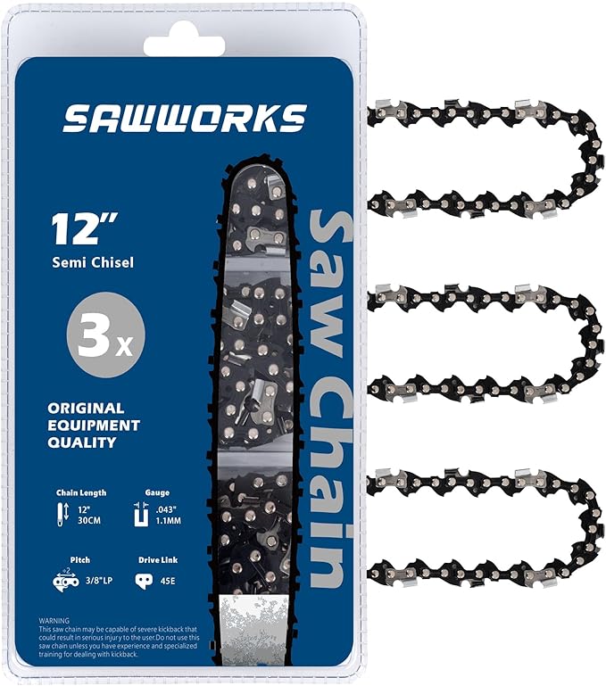 SawWorks 3-Pack 12 Inch Chainsaw Chain SW-R45, 3/8" LP Pitch - .043" Gauge - 45 Drive Links, Compatible with Dewalt DCCS620, DCCS620B, DCCS620P1, DCCS620BR, DWO1DT612, Ryobi RY40500, P548BTL and More