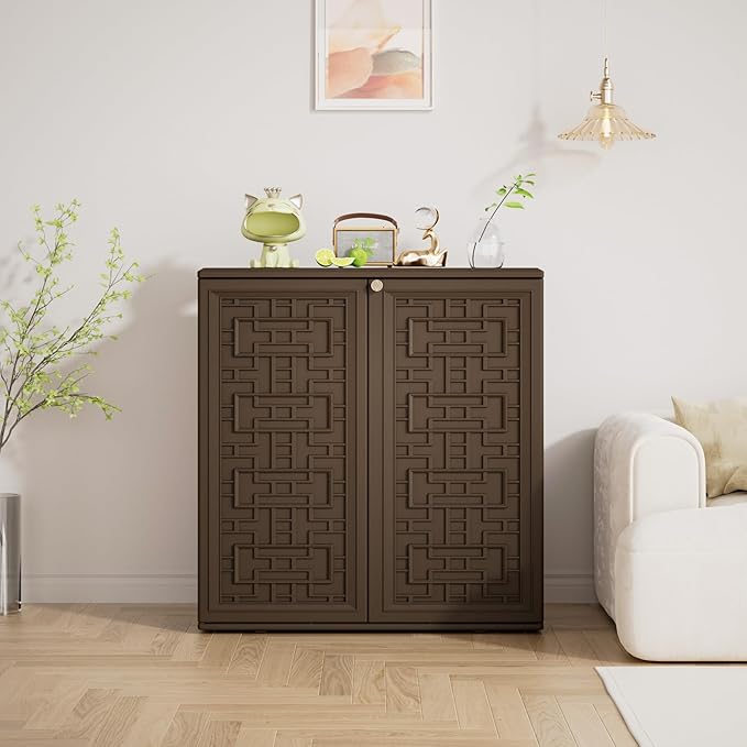 Storage Box Outdoor Caninet,Resin Indoor Storage Box Waterproof Outdoor Storage Cabinets for Patio/Garden/Backyard, Size 34.3''L*15''W*36.2''H(Brown)