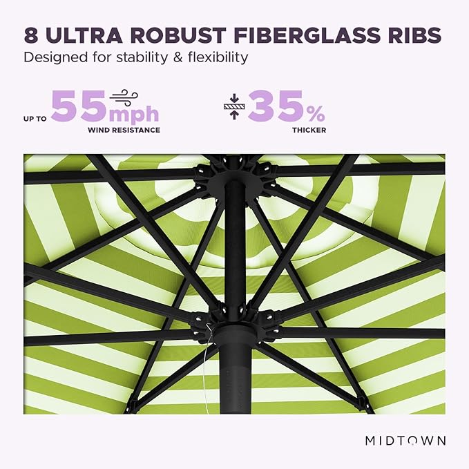 Midtown Umbrellas Push and Pop 9 Feet Outdoor Umbrella, Pear Stripes Polyester Fabric - Fiberglass Ribs Deck Patio Umbrella, Backyard Umbrella, Garden Umbrella & Pool Umbrella - Black Pole
