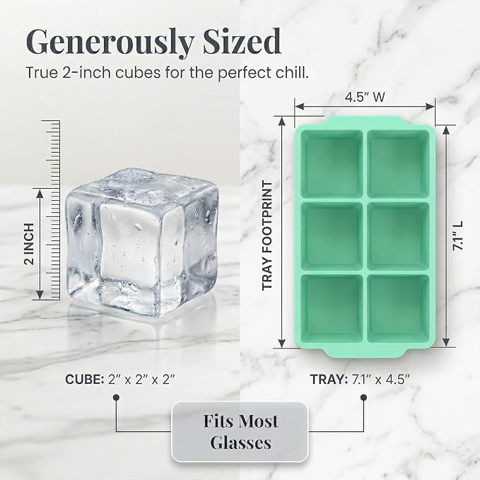 KitchFort® Large Silicone Ice Cube Tray (3-Pack), Easy Release 2" Big Ice Cubes - Cocktail, Whiskey Ice Cubes Mold - Ice Trays for Freezer with Lid - Stackable Silicone Ice Tray - Green
