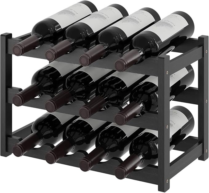 Wine Rack,Bamboo Wine Storage Cabinet Shelf,Countertop Wine Shelf- Freestanding Wine Holder for Kitchen & Pantry (Black, 3-Tier)