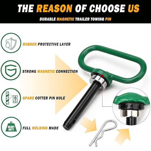 2 Packs Magnetic Hitch Pin, Lawn Mower Trailer Hitch Pins 1/2 Inch with Handle and Clip, Trailer Gate Pin for Mowers, Tractor Truck, Towing Cargo, ATV - Simple One Handed Hook On & Off(Green
