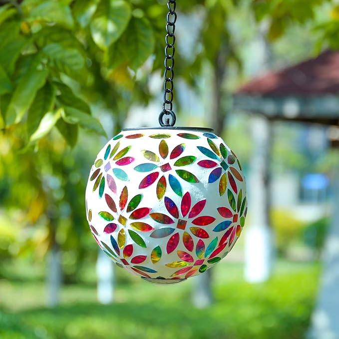 VCUTEKA Hanging Solar Lanterns Mosaic Solar Lights with Hook Up, Outdoor Garden Lights Decor for Yard Tree Fence Patio, Multicolor