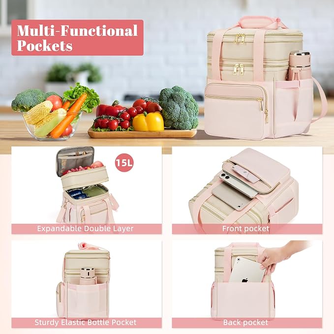 holuxer Insulated Lunch Bag & Lunch Box for Women - Double Deck Reusable Lunch Bag for men Tote Cooler Bag Leakproof Soft Expandable - Large Lunchbox for Work/Adult/Picnic/Outdoor (Pink,15L)