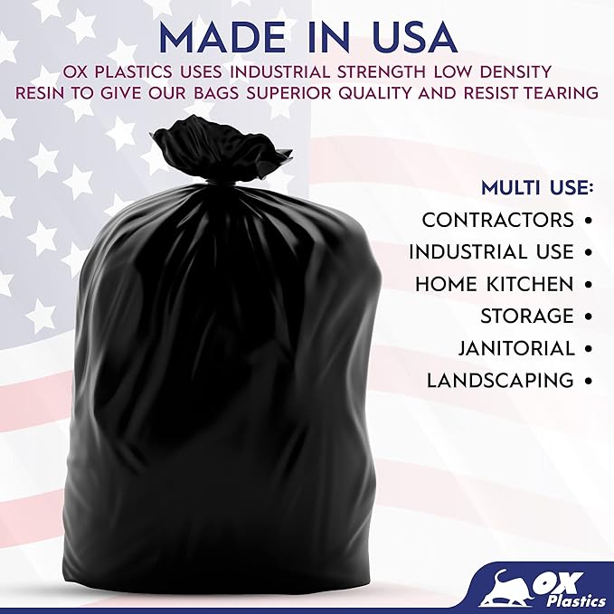 Ox Plastics Trash Can Liners Bags - 60 Gallon Capacity & 2mil Thick Extra Heavy Duty Strength - Large Garbage, Leak-Proof & Durable, House & Commercial Use Bags Black - 25 Count