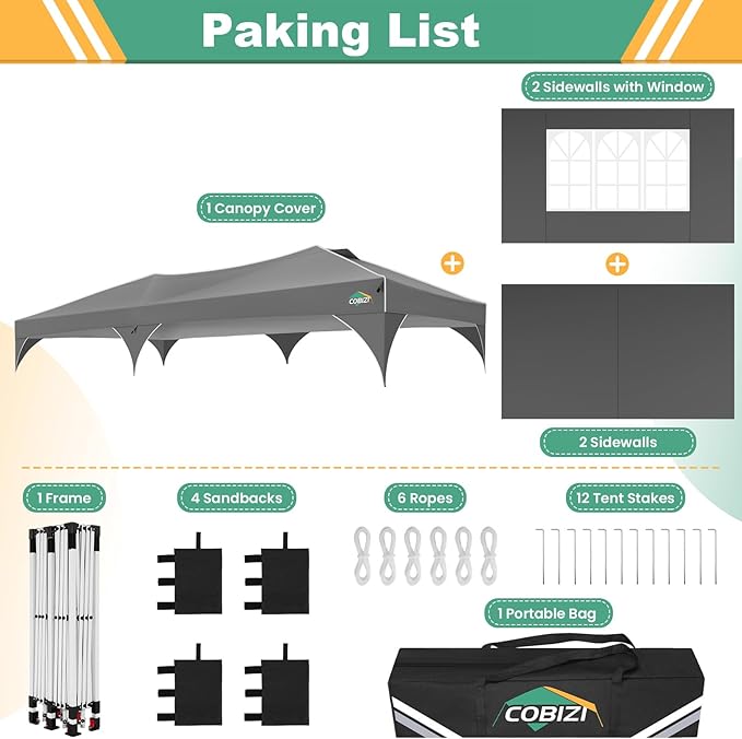 COBIZI 10x20 Pop Up Canopy Tent with 4 Sidewalls, Instant One-Push Setup, Commercial Canopy with Air Vent & Reflective Strip, UPF 50+ Waterproof Party Tent with Sandbags & Stakes for Events (Gray)