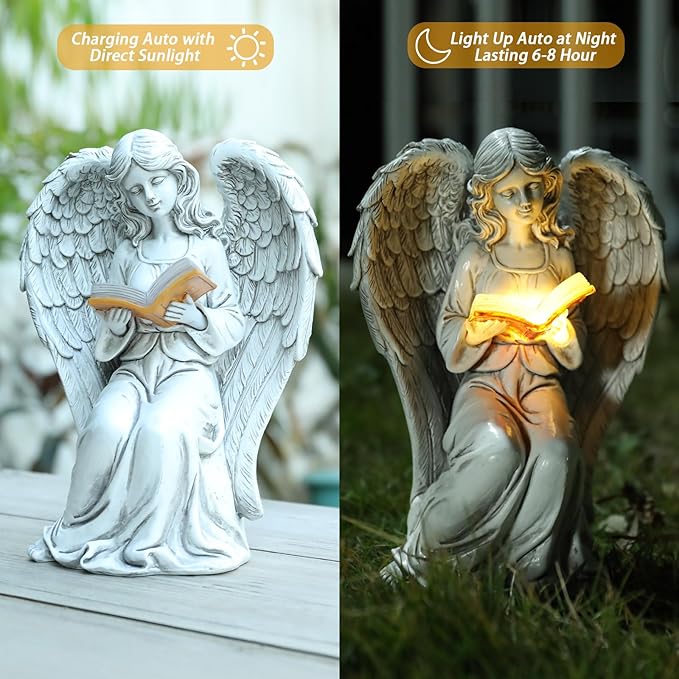 Angel Statue Outdoor Decor, Elegant Angel Garden Statues Reading Book with Solar LED Lights Yard Decorations Lawn Ornaments Figurines Resin Sculpture for Outside, Angel Gardening Gifts