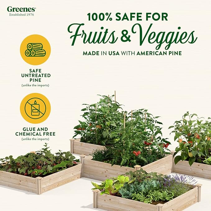 Greenes Fence Original Pine Raised Garden Bed, 80 Sq. Ft. 12' x 12' x 10.5-14" - Made in USA with American Pine