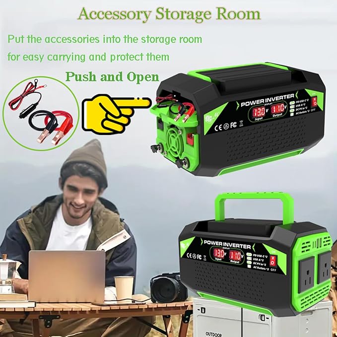 600W Power Inverter, 12V DC to 110V AC Converter with LED Display, 2 AC Outlets, 2 PD 25W Type-C, 2 QC 18W USB-A(4.2A),2 DC Port, for Road Trips Laptop Computer