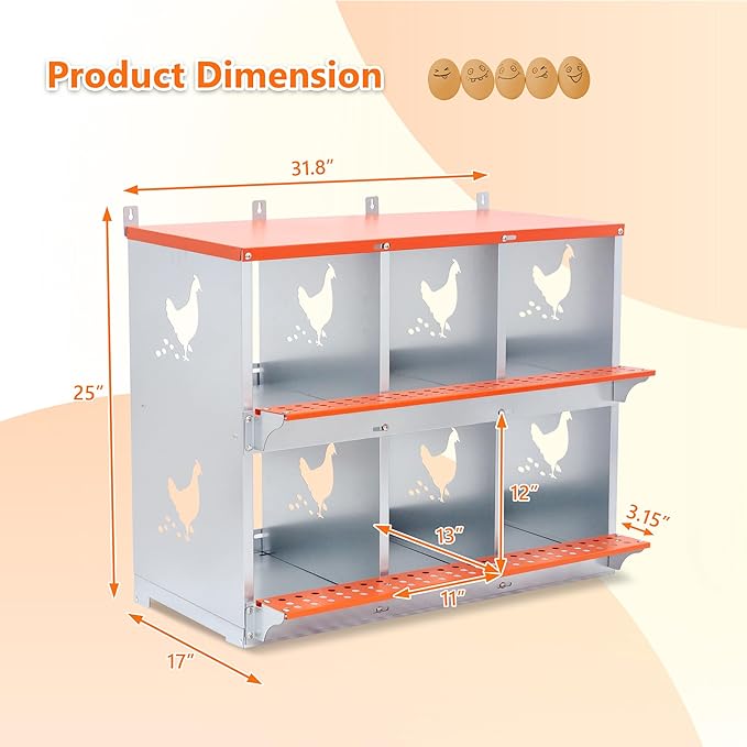 Chicken Nesting Boxes, 6-Bay Metal Nest Box with Vented Galvanized Steel Coop Equipment Wall Mount for Hens Ducks Poultry, Easy Egg Collection & Assembly, Orange (6 Compartment)