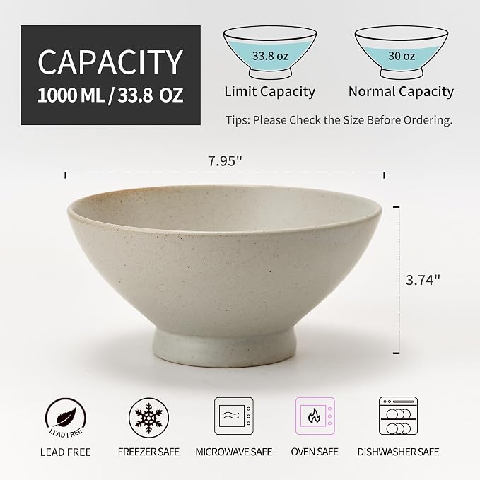 Ceramic Japanese Ramen Bowl Set, 8 Inch Large Noodle Bowl Set of 2, Dishwasher Safe for Asian Pho Udon Soba Noodle, Salad Pasta, Deep Soup Bowls, Speckled Light Gray