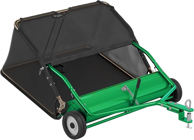 48" Lawn Sweeper Tow Behind - Pull Behind Grass Catcher with 25.16 cu. ft Large Hopper, Heavy Duty Leaf & Grass Collector, Adjustable Brush Height Lever and Dumping Rope, Lawn and Yard Cleanup Tool