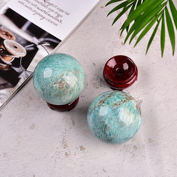JIC Gem Amazonite Crystal Ball with Wood Stand Gemstone Sphere,Healing Crystal Balls for Reiki Chakra Decoration Fengshui (30-40mm)