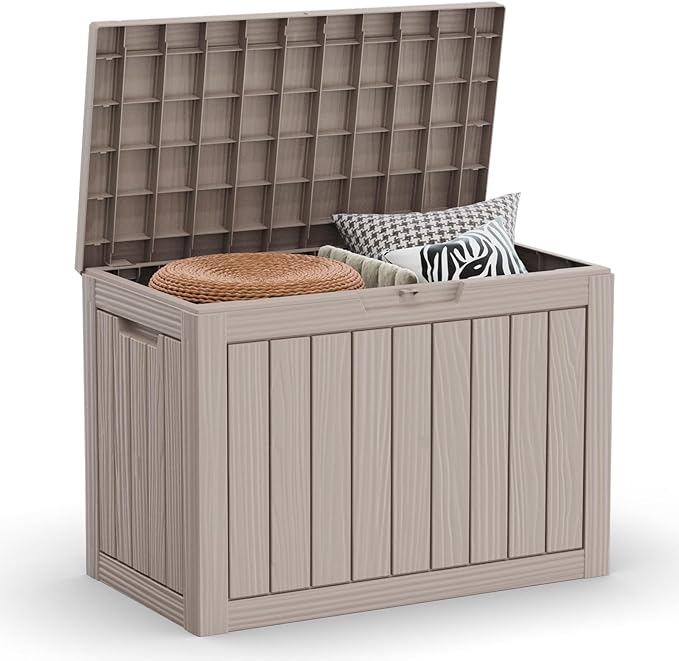 ROJIK Outdoor Storage Housing Deck Box - Waterproof Patio Furniture, Garden Tools, Cushions, Pool Accessories Storage Bench with Lockable Lid and Side Handles (Grey 48 Gal)