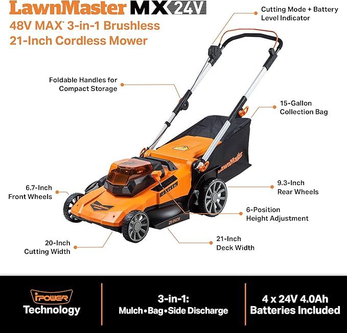 LawnMaster CLMF4821A Cordless Lawn Mower Brushless 48V MAX* 21Inch 3-in-1 Function Up to 1/2 Acre with 4X24V MAX* 4.0Ah Battery and a Dual Charger