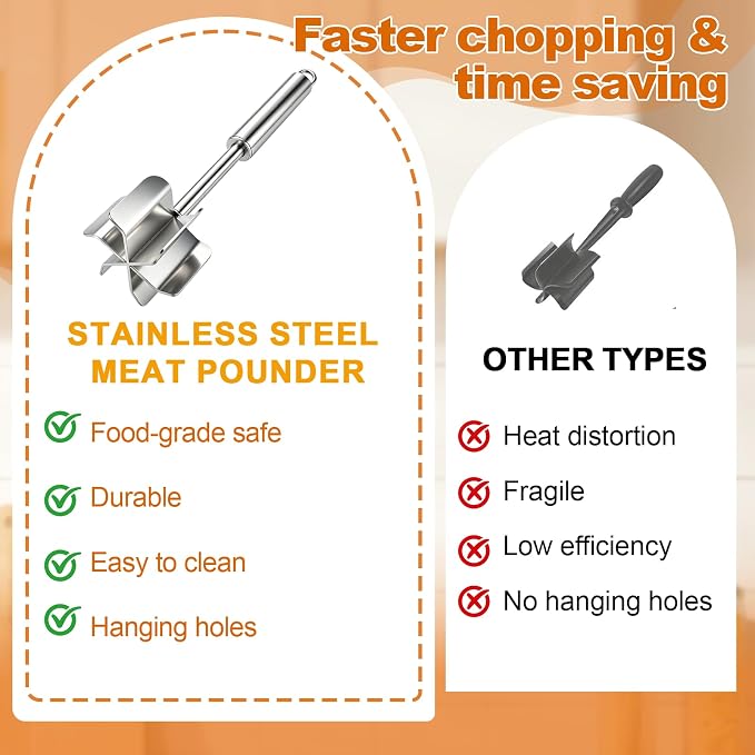 Meat Masher Dishwasher Safe, 304 Stainless Steel Meat Chopper,6-Blade Swirl Ground Beef Smasher,10 Inch Heavy Duty Potato & Hamburger Masher Tool (with Brush)