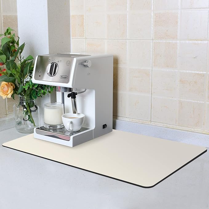 ZLR Coffee Bar Mat for Espresso Machine, 12"x20" Medium, Creamy | Absorbent Dish Drying Mat, Stain-Hiding PU Top, Non-Slip Back, Fits Grinder, Knock Box, Tamper & Milk Frother