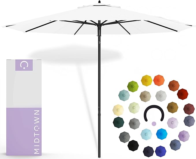 Midtown Umbrellas Push and Pop 9 Feet Outdoor Umbrella, Ivory (White) Polyester Fabric - Fiberglass Ribs Deck Patio Umbrella, Backyard Umbrella, Garden Umbrella & Pool Umbrella - Black Pole