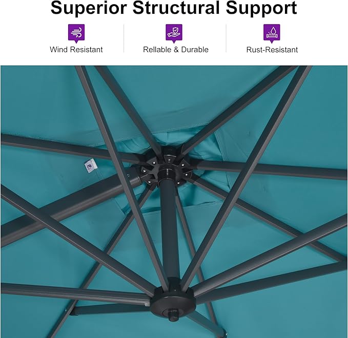 PURPLE LEAF 10 Feet Patio Umbrella Outdoor Cantilever Round Umbrella Aluminum Offset Umbrella with 360-degree Rotation for Garden Deck Pool Patio, Turquoise Blue